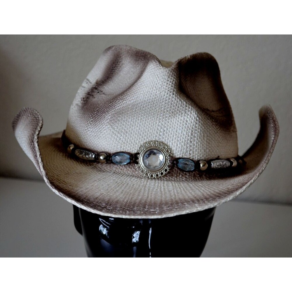 Stone Age Women’s Straw Cowboy Hat Western Coastal Cowgirl Beads String Band